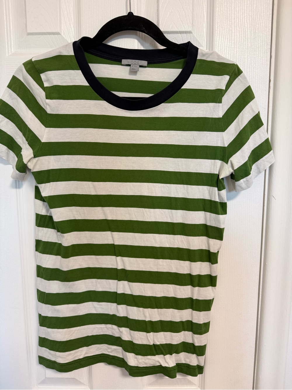 COS Green & White Striped Crew Tee with Black Neck